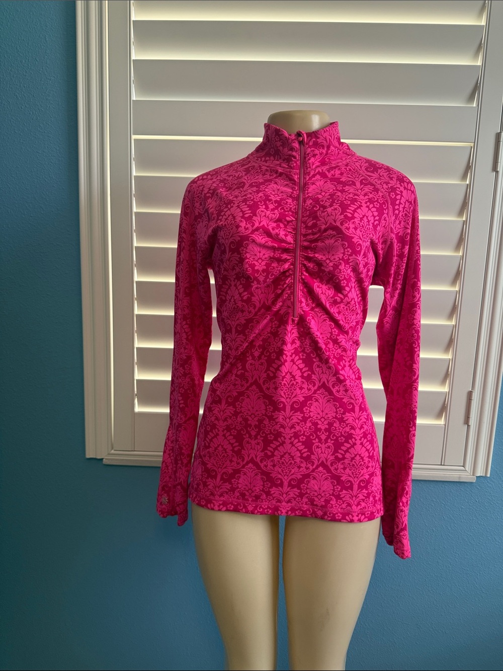 Athleta Hot Pink Long-Sleeve Half-Zip Top with Damask Print